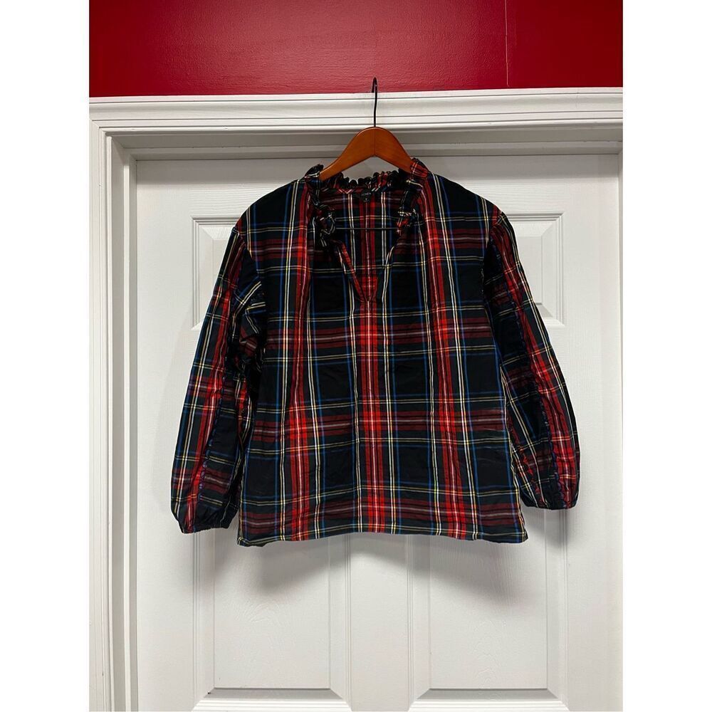 J. Crew Black Holiday Plaid Scalloped Detail Sleeve Blouse sz S EUC